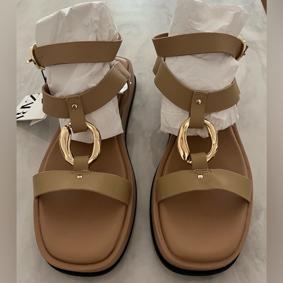 Zara BEIGE FLATFORM LEATHER SANDALS size 8 - Picture 6 of 11